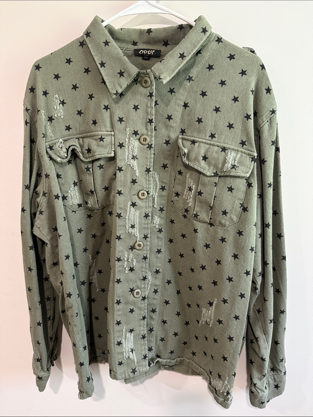 ODDY Olive Green Star-Print Button-Front Top